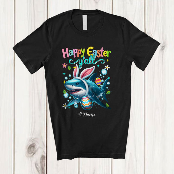 MacnyStore - Personalized Happy Easter Y'all; Adorable Custom Name Bunny Shark Hunting Eggs; Sea Animal T-Shirt