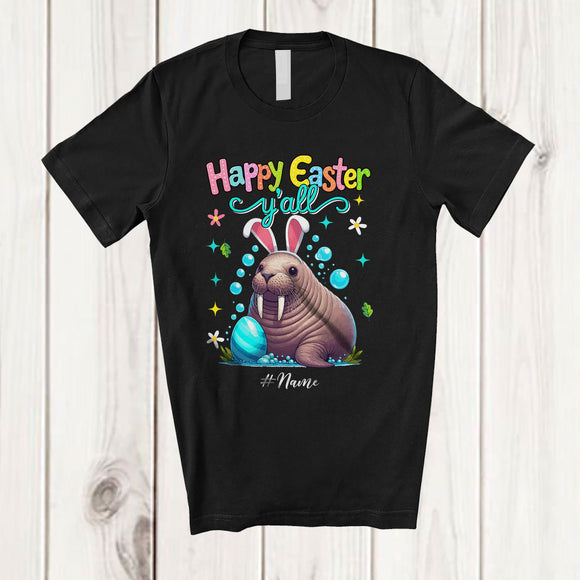 MacnyStore - Personalized Happy Easter Y'all; Adorable Custom Name Bunny Walrus Hunting Eggs; Sea Animal T-Shirt