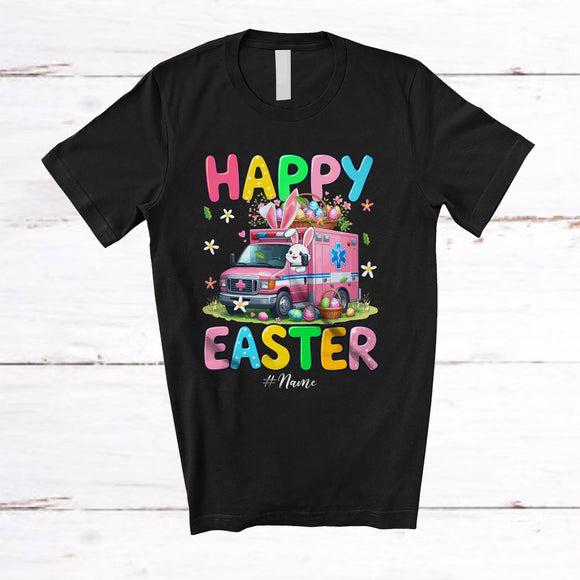 MacnyStore - Personalized Happy Easter; Adorable Bunny Driving Ambulance; Custom Name Driver Egg Hunting T-Shirt