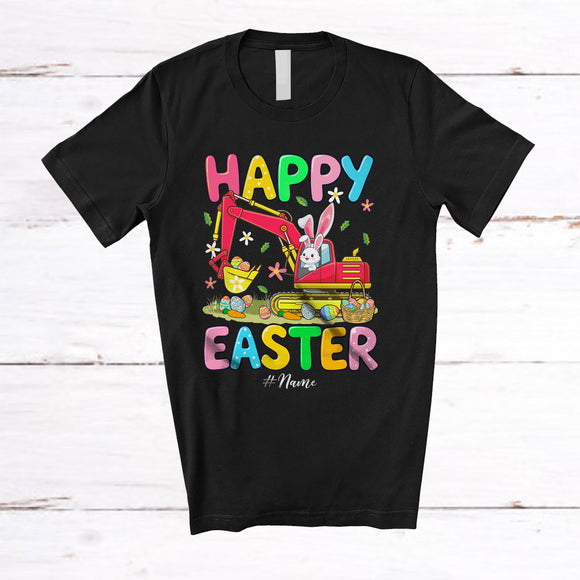 MacnyStore - Personalized Happy Easter; Adorable Bunny Driving Excavator; Custom Name Driver Egg Hunting T-Shirt
