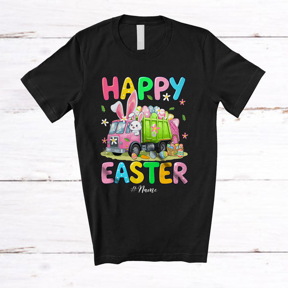 MacnyStore - Personalized Happy Easter; Adorable Bunny Driving Garbage Truck; Custom Name Driver Egg Hunting T-Shirt