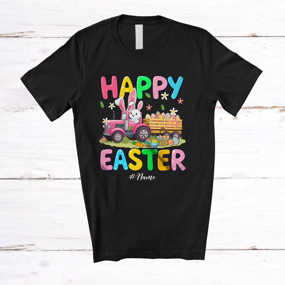MacnyStore - Personalized Happy Easter; Adorable Bunny Driving Tractor; Custom Name Driver Egg Hunting T-Shirt
