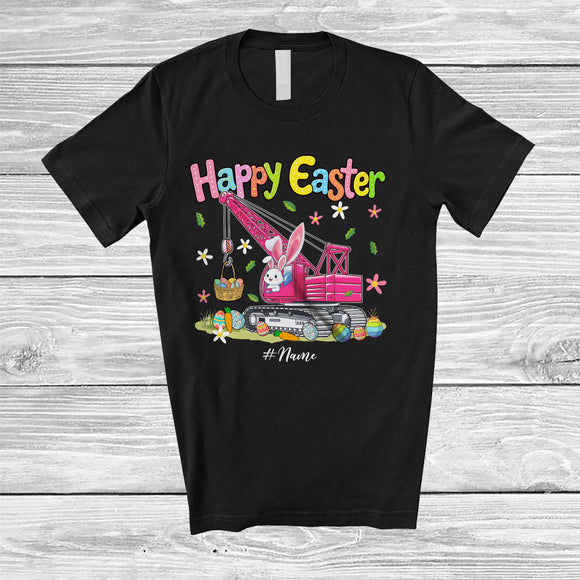 MacnyStore - Personalized Happy Easter; Adorable Custom Name Bunny Driving Crane Truck; Driver Egg Hunt T-Shirt