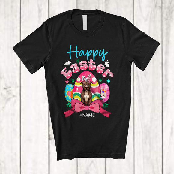 MacnyStore - Personalized Happy Easter; Adorable Custom Name Bunny Pit Bull With Easter Eggs Hunt; Family T-Shirt