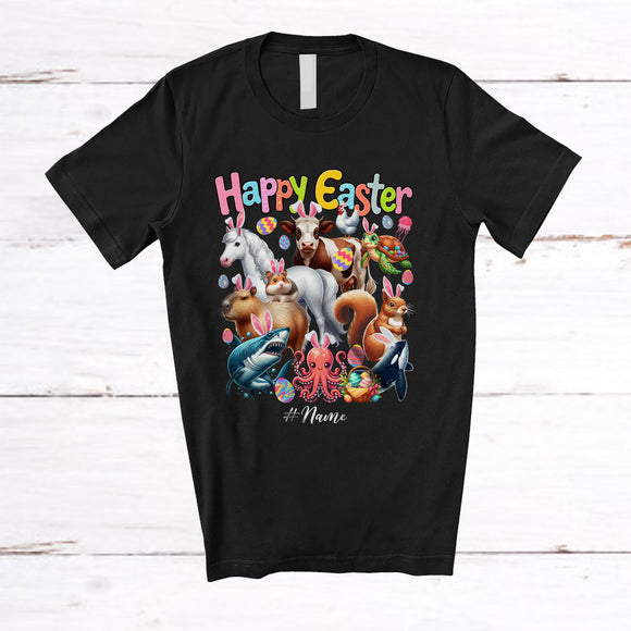 MacnyStore - Personalized Happy Easter; Adorable Custom Name Wild Sea Farm Animal; Egg Hunting T-Shirt