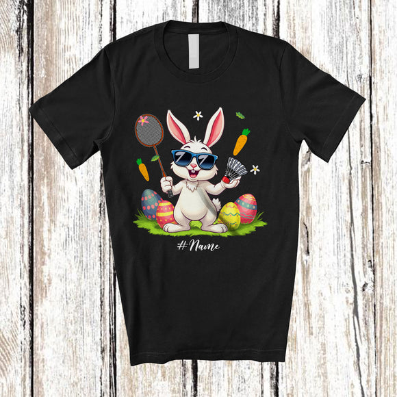 MacnyStore - Personalized Happy Easter; Joyful Bunny Playing Badminton; Custom Name Player Egg Hunting T-Shirt