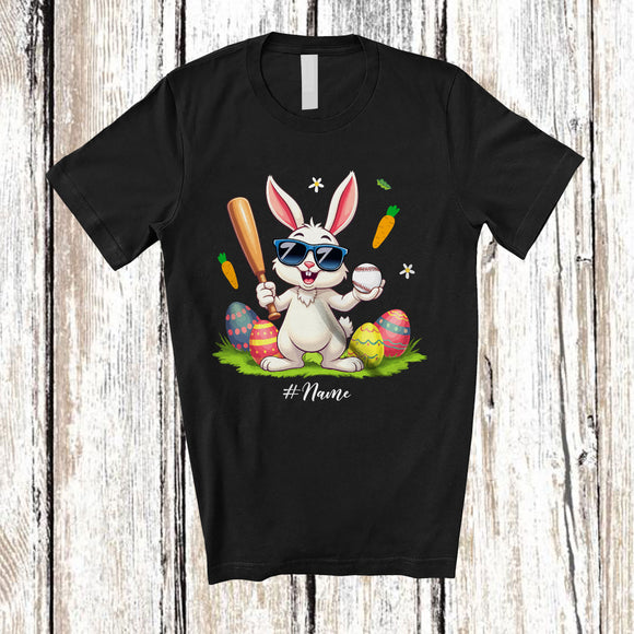 MacnyStore - Personalized Happy Easter; Joyful Bunny Playing Baseball; Custom Name Player Egg Hunting T-Shirt