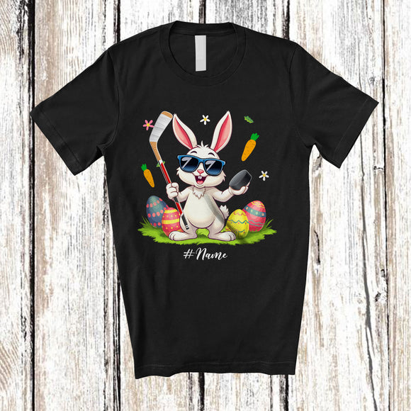 MacnyStore - Personalized Happy Easter; Joyful Bunny Playing Hockey; Custom Name Player Egg Hunting T-Shirt