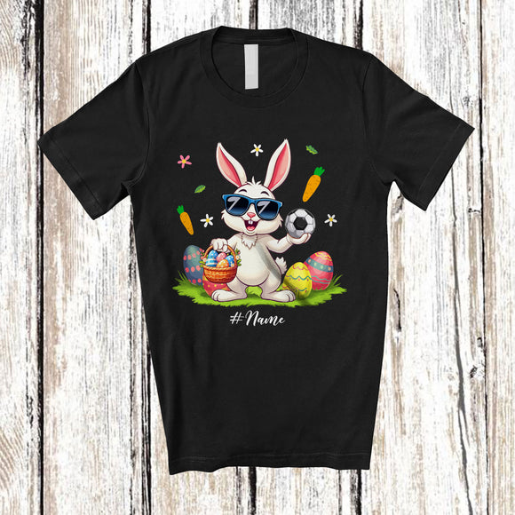 MacnyStore - Personalized Happy Easter; Joyful Bunny Playing Soccer; Custom Name Player Egg Hunting T-Shirt