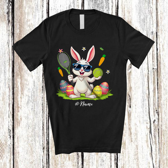MacnyStore - Personalized Happy Easter; Joyful Bunny Playing Tennis; Custom Name Player Egg Hunting T-Shirt