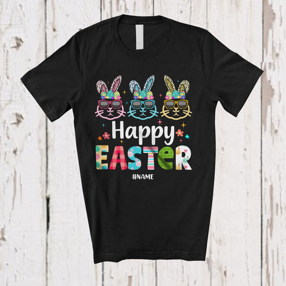 MacnyStore - Personalized Happy Easter; Joyful Easter Custom Name Three Leopard Bunny Face; Egg Hunting T-Shirt