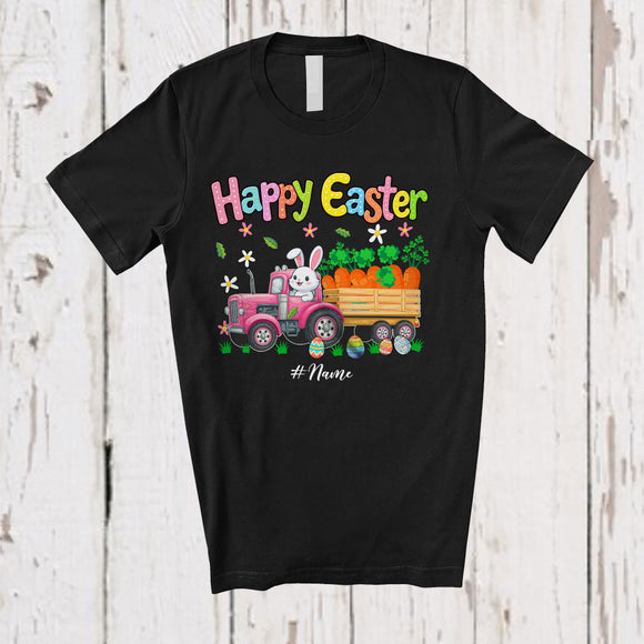 MacnyStore - Personalized Happy Easter; Lovely Bunny Driving Tractor Custom Name Driver Farmer; Carrot Egg T-Shirt