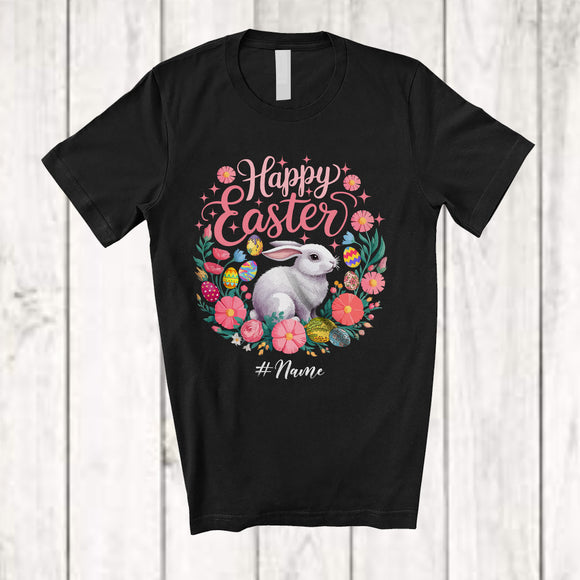 MacnyStore - Personalized Happy Easter; Lovely Bunny With Flower Eggs Circle; Custom Name Eggs Hunt T-Shirt