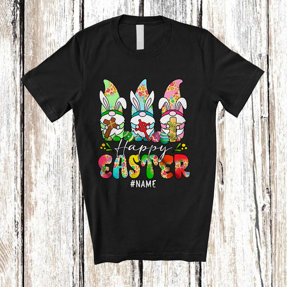 MacnyStore - Personalized Happy Easter; Lovely Custom Name Three Bunny Gnomes Holding Cross; Leopard T-Shirt