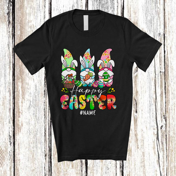 MacnyStore - Personalized Happy Easter; Lovely Custom Name Three Bunny Gnomes Holding Eggs; Leopard T-Shirt