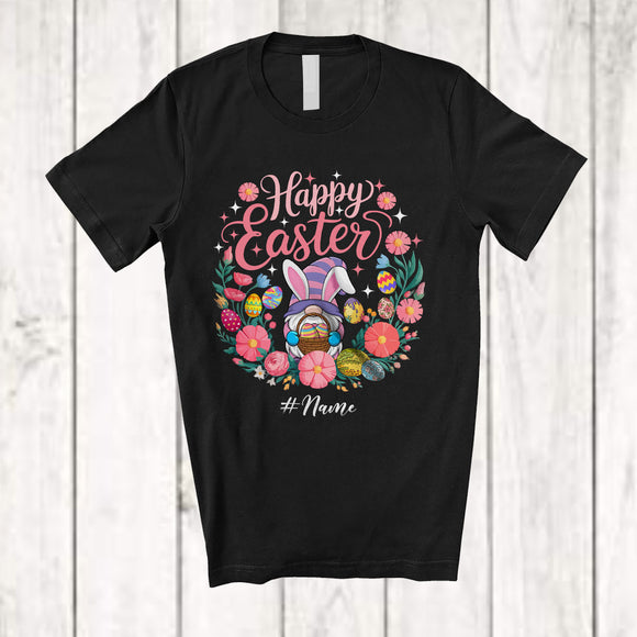 MacnyStore - Personalized Happy Easter; Lovely Gnome With Flower Eggs Circle; Custom Name Eggs Hunt T-Shirt
