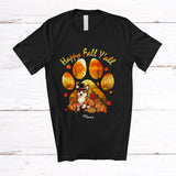 MacnyStore - Personalized Happy Fall Y'all; Lovely Thanksgiving Custom Name Turkey Corgi Paws; Fall Leaf T-Shirt