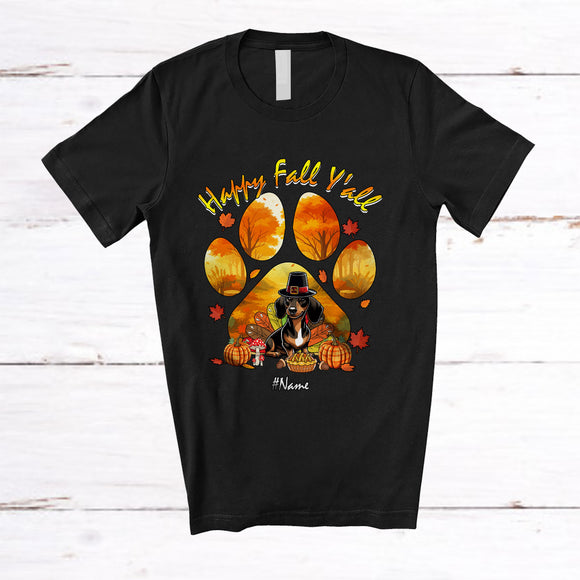 MacnyStore - Personalized Happy Fall Y'all; Lovely Thanksgiving Custom Name Turkey Dachshund Paws; Fall Leaf T-Shirt