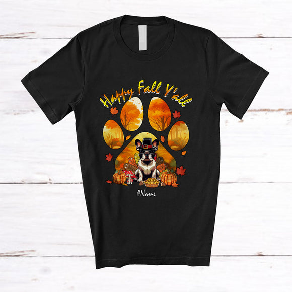MacnyStore - Personalized Happy Fall Y'all; Lovely Thanksgiving Custom Name Turkey French Bulldog Paws T-Shirt