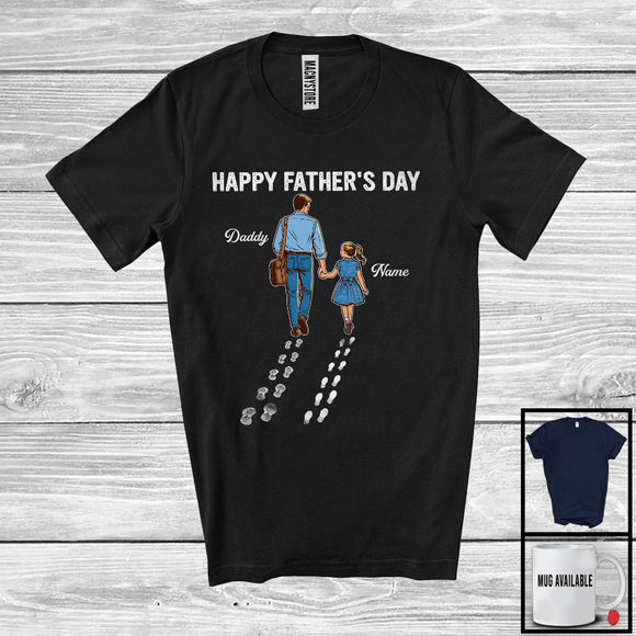 MacnyStore - Personalized Happy Father's Day, Lovely Custom Name Dad Daughter, Footprint Follow Family T-Shirt