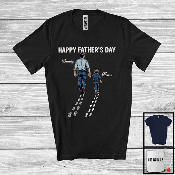 MacnyStore - Personalized Happy Father's Day, Lovely Custom Name Dad Son, Footprint Follow Family T-Shirt
