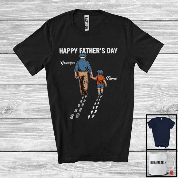 MacnyStore - Personalized Happy Father's Day, Lovely Custom Name Grandpa Grandson, Footprint Family T-Shirt