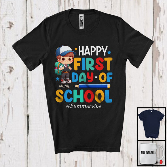 MacnyStore - Personalized Happy First Day Of School, Lovely Summer Vacation Custom Name Boy, Flowers Students T-Shirt