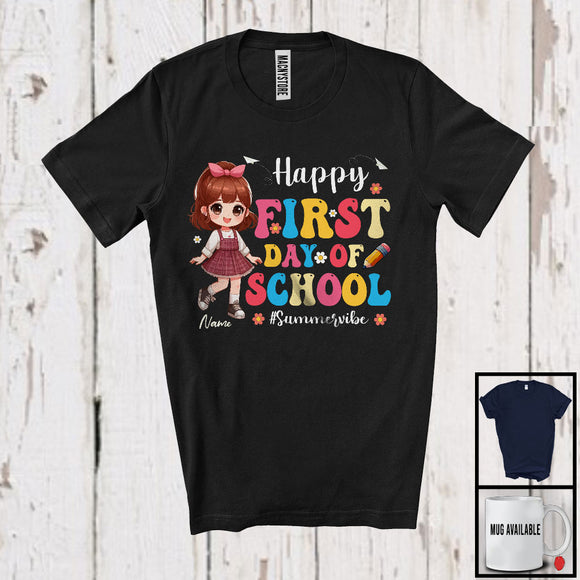 MacnyStore - Personalized Happy First Day Of School, Lovely Summer Vacation Custom Name Girl, Flowers Students T-Shirt