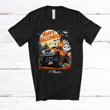 MacnyStore - Personalized Happy Halloween; Humorous Custom Name Pumpkin Boo Ghost On Monster Truck T-Shirt