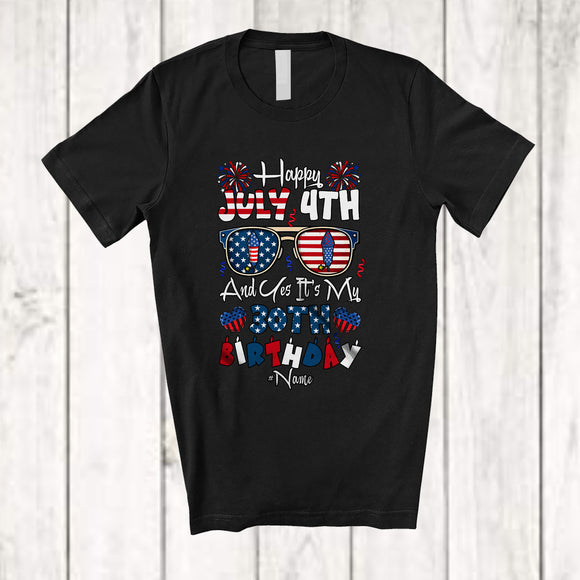 MacnyStore - Personalized Happy July 4th My 30th Birthday; Joyful Sunglasses Custom Name Patriotic Family T-Shirt