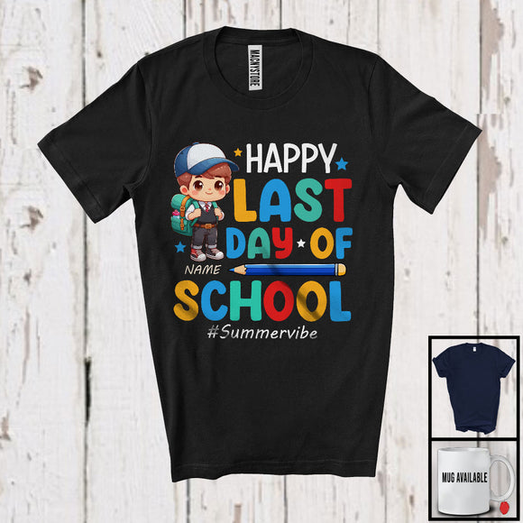 MacnyStore - Personalized Happy Last Day Of School, Lovely Summer Vacation Custom Name Boy, Flowers Students T-Shirt