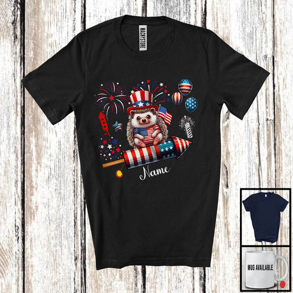 MacnyStore - Personalized Hedgehog Riding Firecracker, Lovely 4th Of July USA Flag Custom Name, Zoo Animal T-Shirt