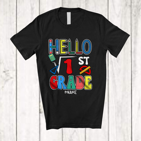 MacnyStore - Personalized Hello 1st Grade; Amazing Back To School Square of 1 Custom Name Math Teacher T-Shirt