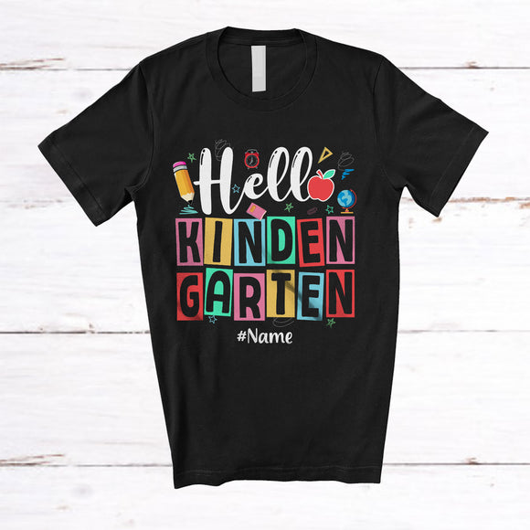 MacnyStore - Personalized Hello Kindergarten First Day Of School; Humorous Custom Name Students Teacher T-Shirt