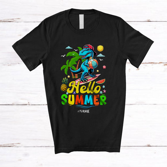 MacnyStore - Personalized Hello Summer; Amazing Summer Vacation Custom Name T-Rex; Beach Family T-Shirt