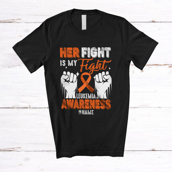 MacnyStore - Personalized Her Fight is My Fight; Proud Leukemia TBI Ribbon Hands; Custom Name Couple T-Shirt