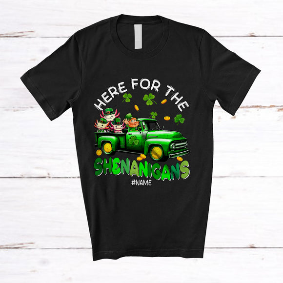 MacnyStore - Personalized Here For Shenanigans; Lovely St. Patrick's Day Leprechaun Truck; Custom Name Axolotl T-Shirt