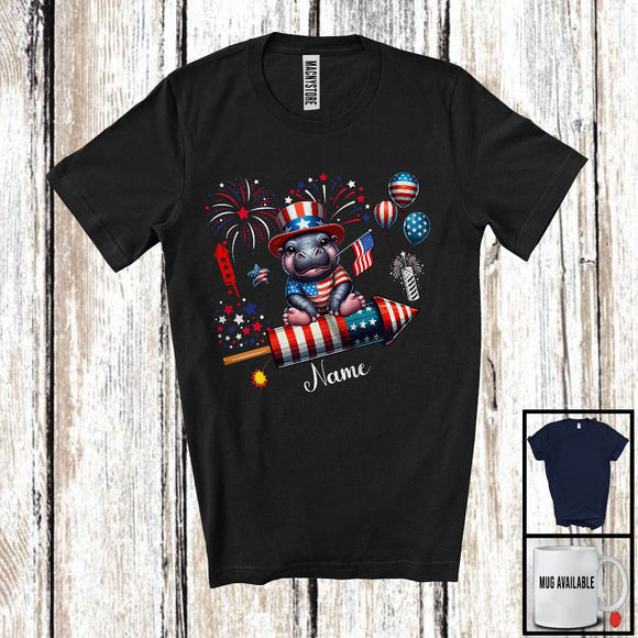 MacnyStore - Personalized Hippo Riding Firecracker, Lovely 4th Of July USA Flag Custom Name, Zoo Animal T-Shirt