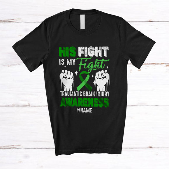 MacnyStore - Personalized His Fight is My Fight; Joyful Traumatic Brain Injury TBI Ribbon; Custom Name Couple T-Shirt