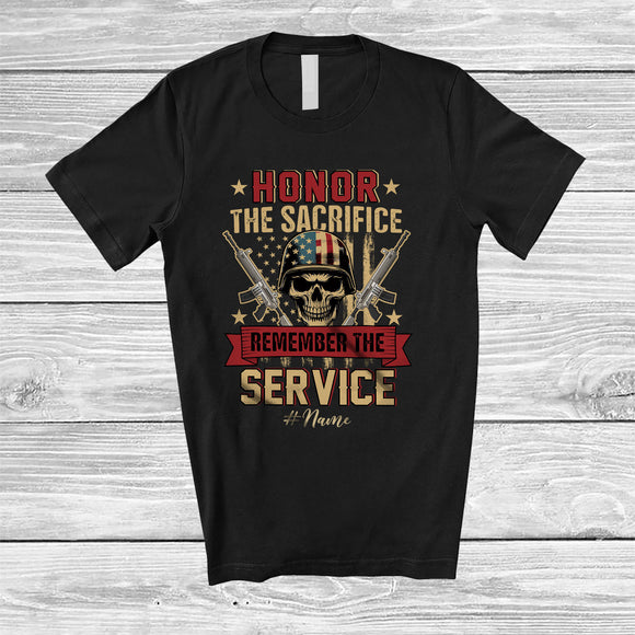 MacnyStore - Personalized Honor The Sacrifice; Proud 4th Of July US Flag Veteran Skull; Custom Name Patriotic T-Shirt