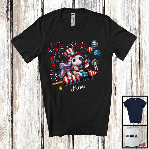 MacnyStore - Personalized Horse Riding Firecracker, Lovely 4th Of July USA Flag Custom Name, Farm Animal T-Shirt