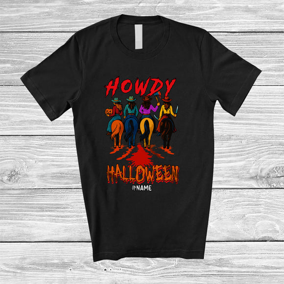 MacnyStore - Personalized Howdy Halloween; Humorous Custom Name Cowgirl Riding Horse Cosplay T-Shirt
