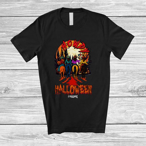 MacnyStore - Personalized Howdy Halloween; Humorous Moon Custom Name Cowgirl Riding Horse Cosplay T-Shirt