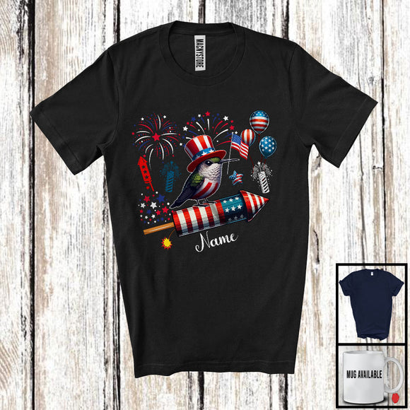 MacnyStore - Personalized Hummingbird Riding Firecracker, Lovely 4th Of July USA Flag Custom Name, Bird Animal T-Shirt