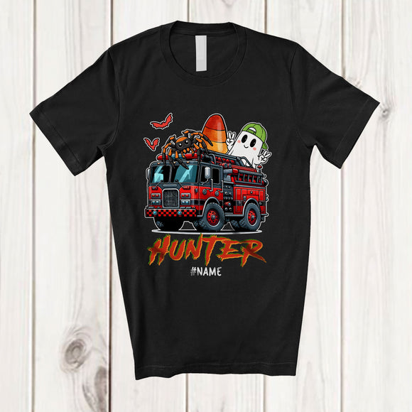 MacnyStore - Personalized Hunter; Amazing Halloween Boo Ghost Spider On Firetruck; Custom Name Boy Family T-Shirt