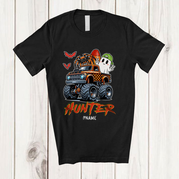 MacnyStore - Personalized Hunter; Amazing Halloween Boo Ghost Spider On Monster Truck; Custom Name Family T-Shirt