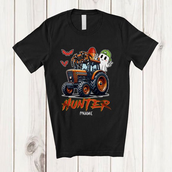 MacnyStore - Personalized Hunter; Amazing Halloween Boo Ghost Spider On Tractor; Custom Name Boy Family T-Shirt