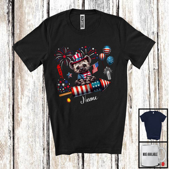 MacnyStore - Personalized Hyena Riding Firecracker, Lovely 4th Of July USA Flag Custom Name, Zoo Animal T-Shirt