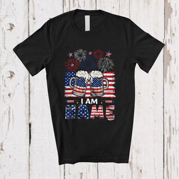 MacnyStore - Personalized I Am Custom Name; Humorous 4th of July American Flag Drinking Beer; Patriotic T-Shirt