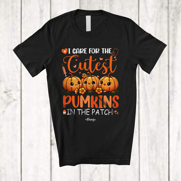 MacnyStore - Personalized I Care For The Cutest Pumpkins; Lovely Thanksgiving Custom Name Nurse Three Pumpkins T-Shirt